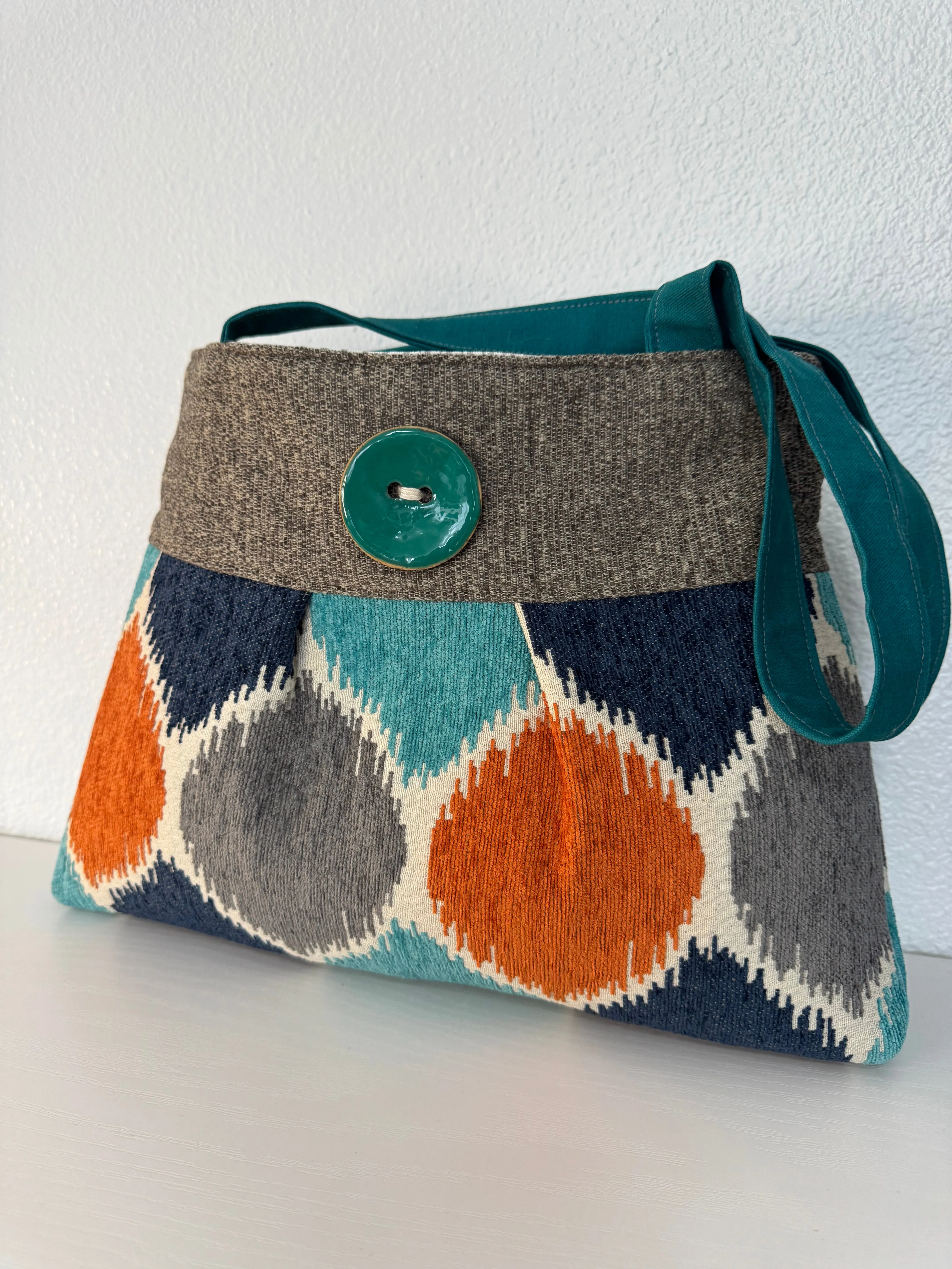 Pleated Teal and Orange Tapestry Purse Tote Handbag with Button