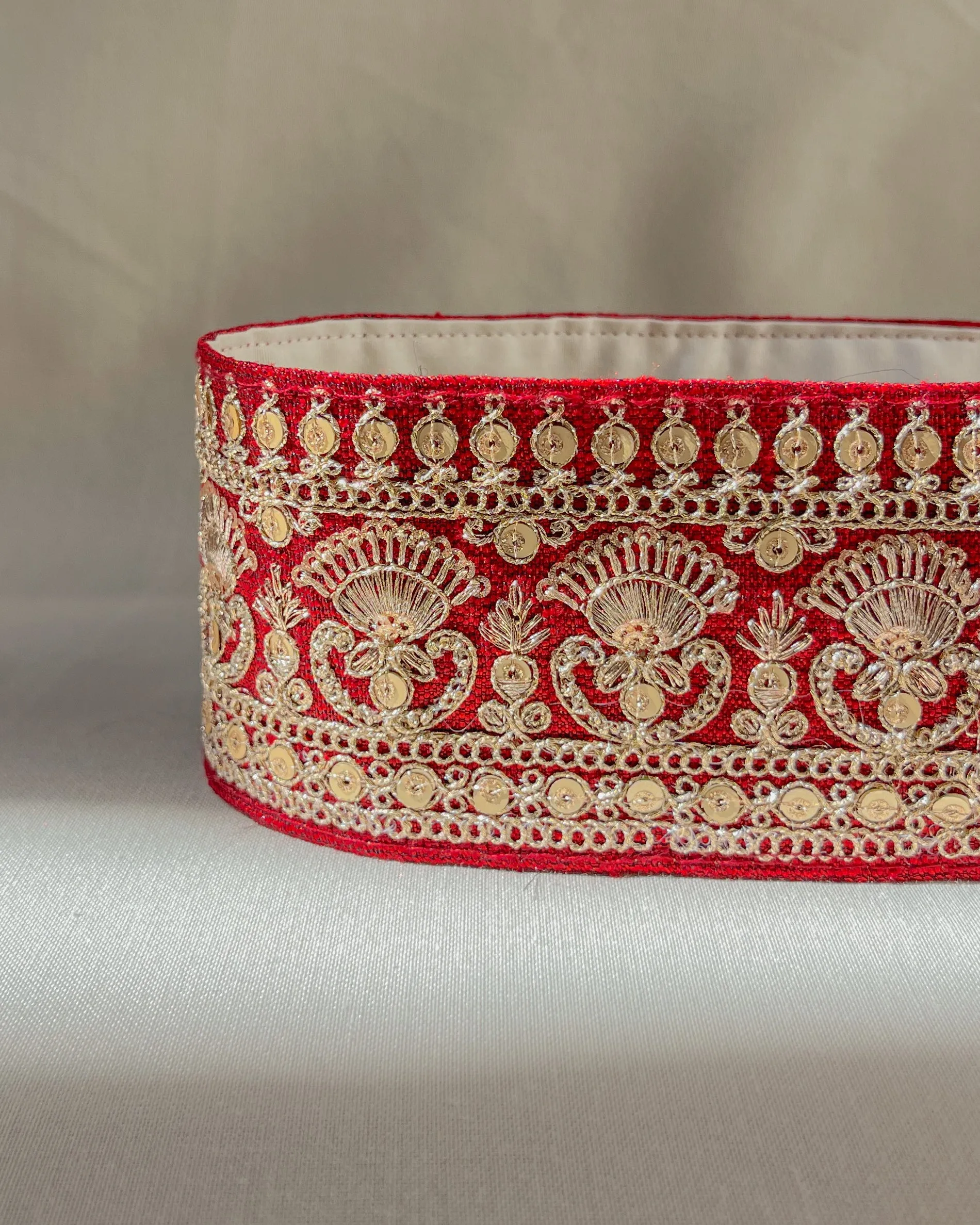 Red bohemian embroidered obi belt with tassels