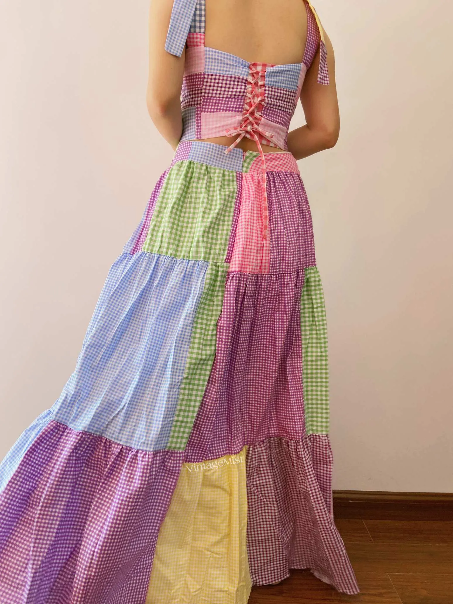 Retro Plaid Corset Top Maxi Skirt Set
