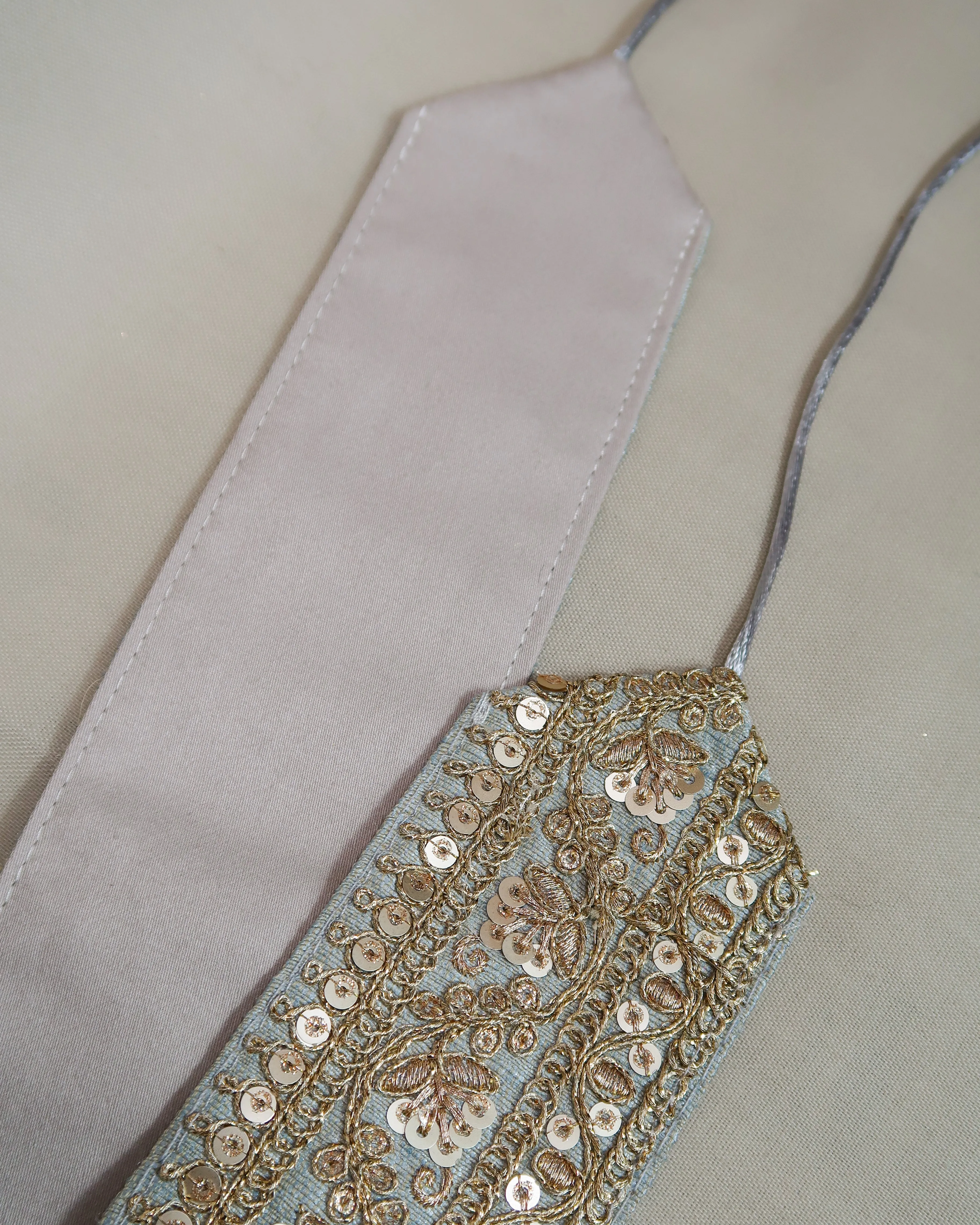 Silver bohemian embroidered obi belt with tassels