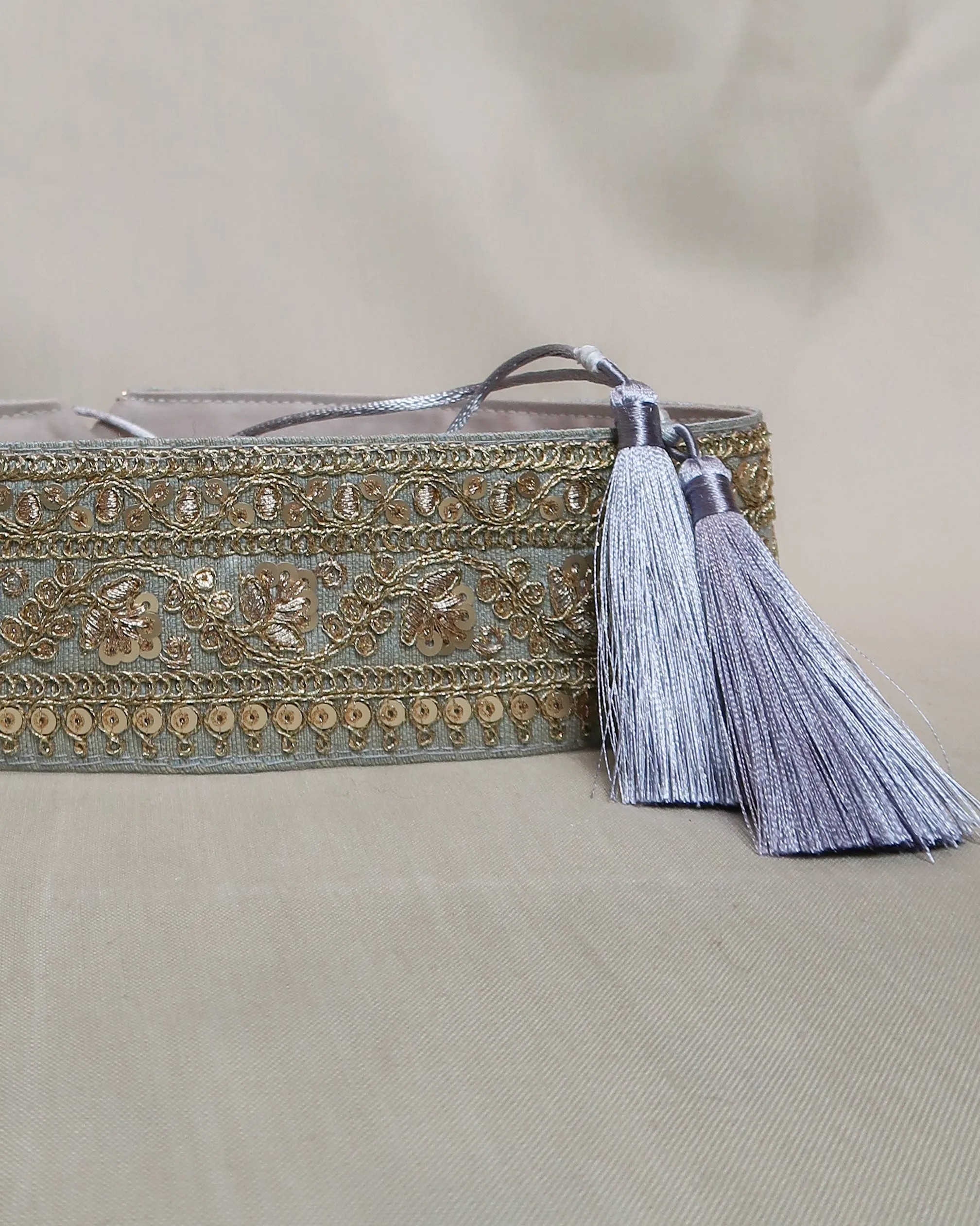 Silver bohemian embroidered obi belt with tassels