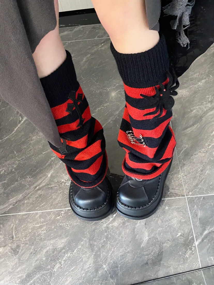 Spider Cross Safety Pins Decor Striped Leg Warmers