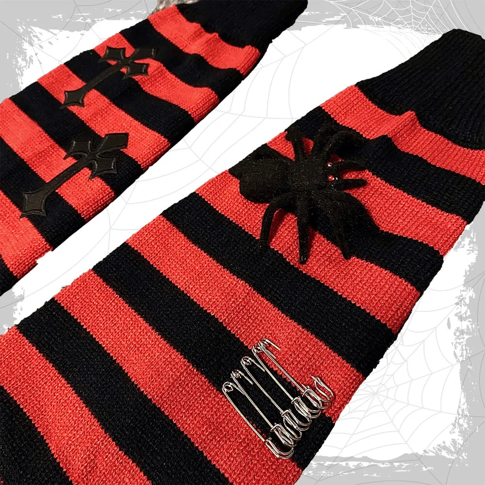 Spider Cross Safety Pins Decor Striped Leg Warmers