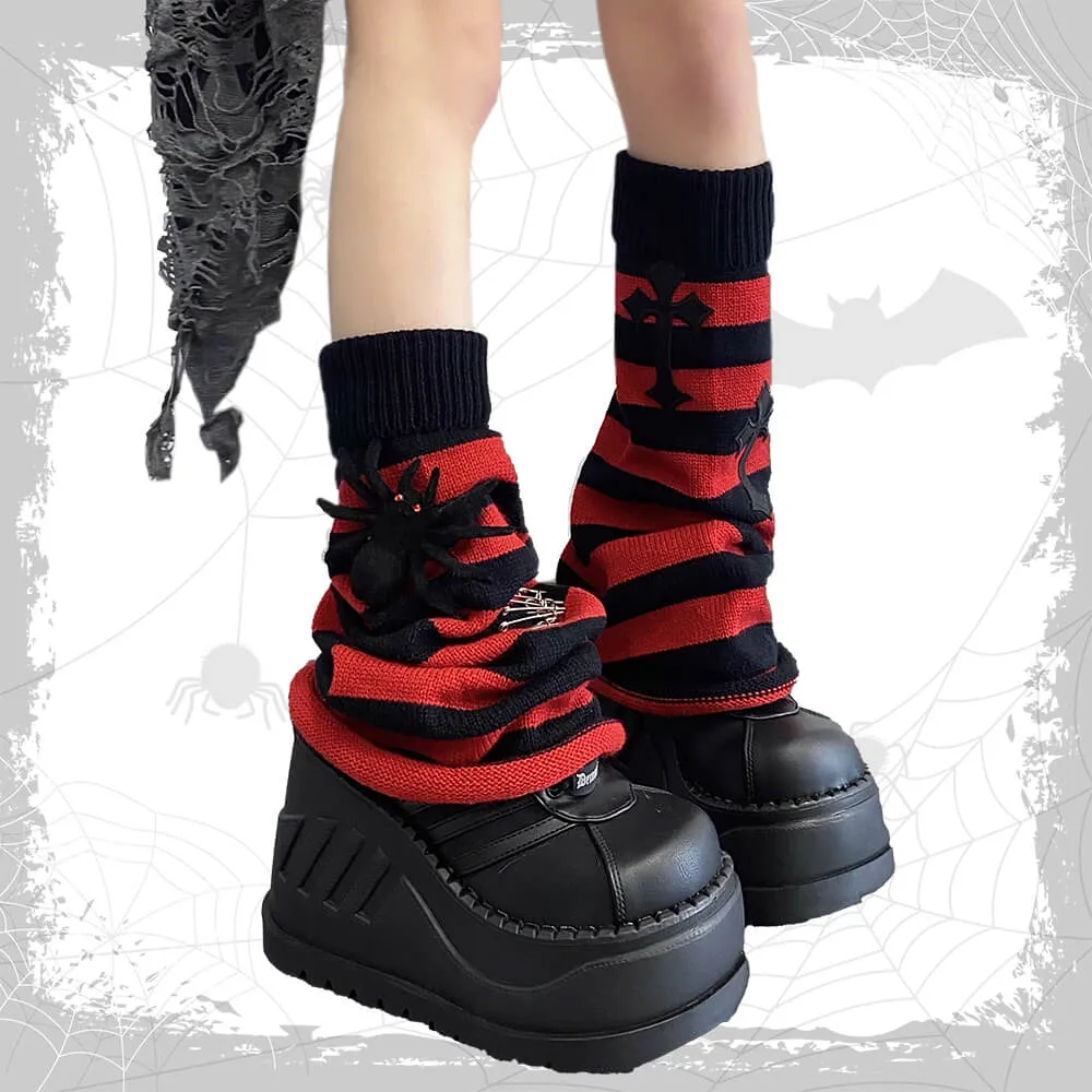 Spider Cross Safety Pins Decor Striped Leg Warmers