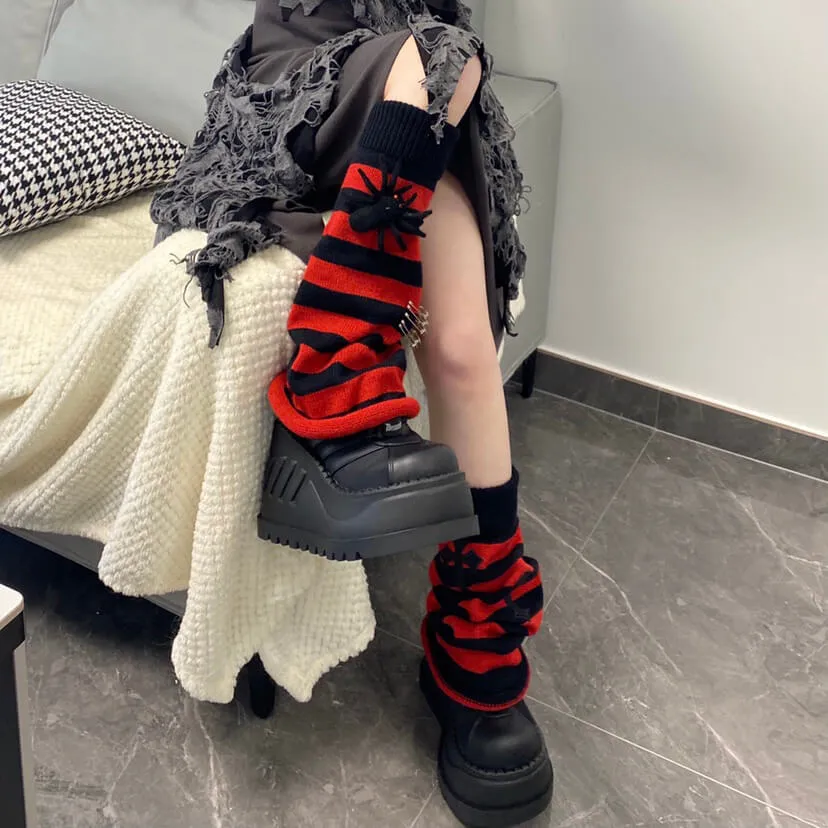 Spider Cross Safety Pins Decor Striped Leg Warmers