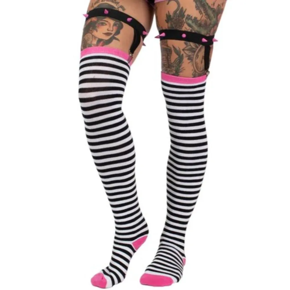 Thigh High Striped Socks with Studded Garter