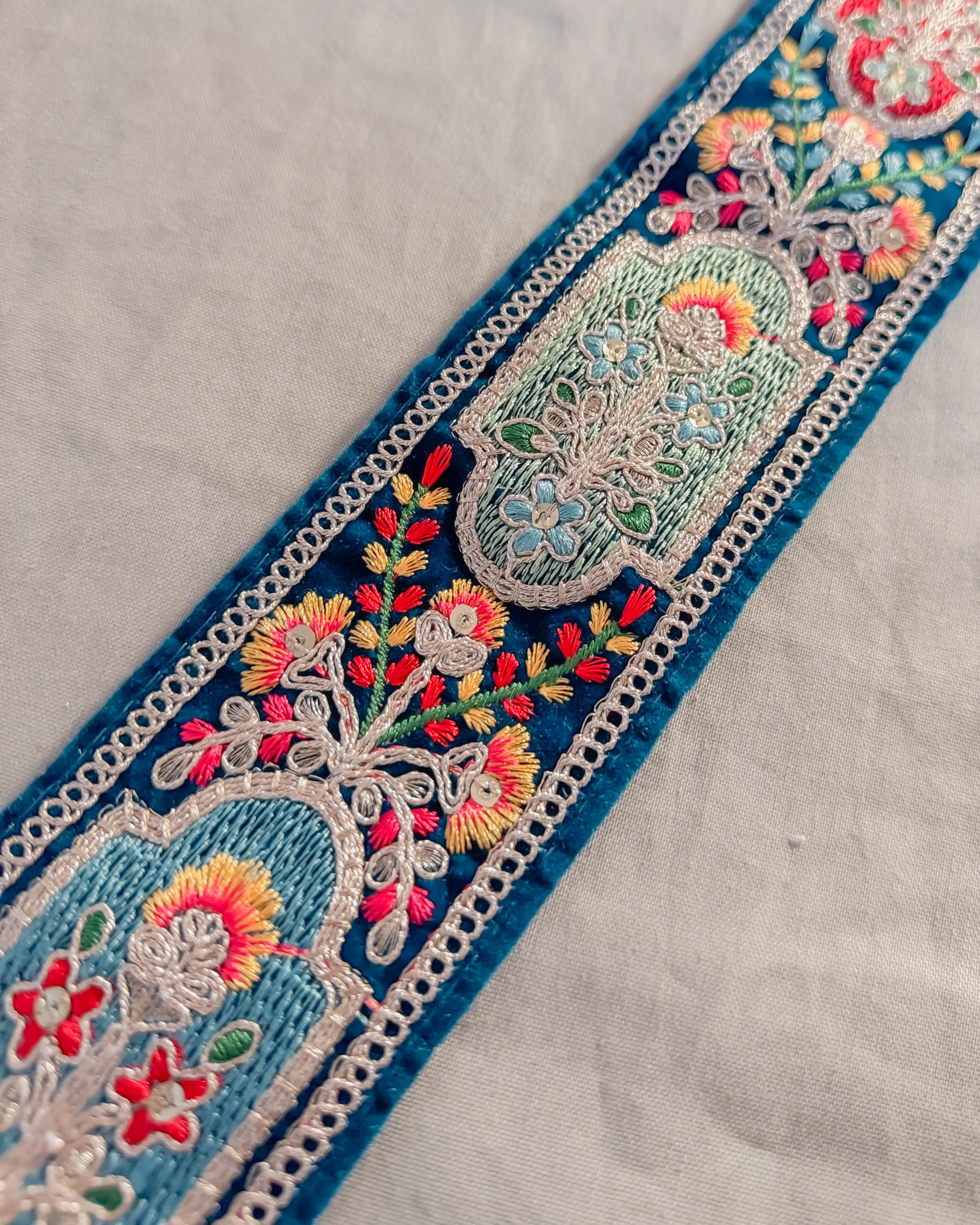 Velvelt petrol blue bohemian embroidered obi belt with tassels
