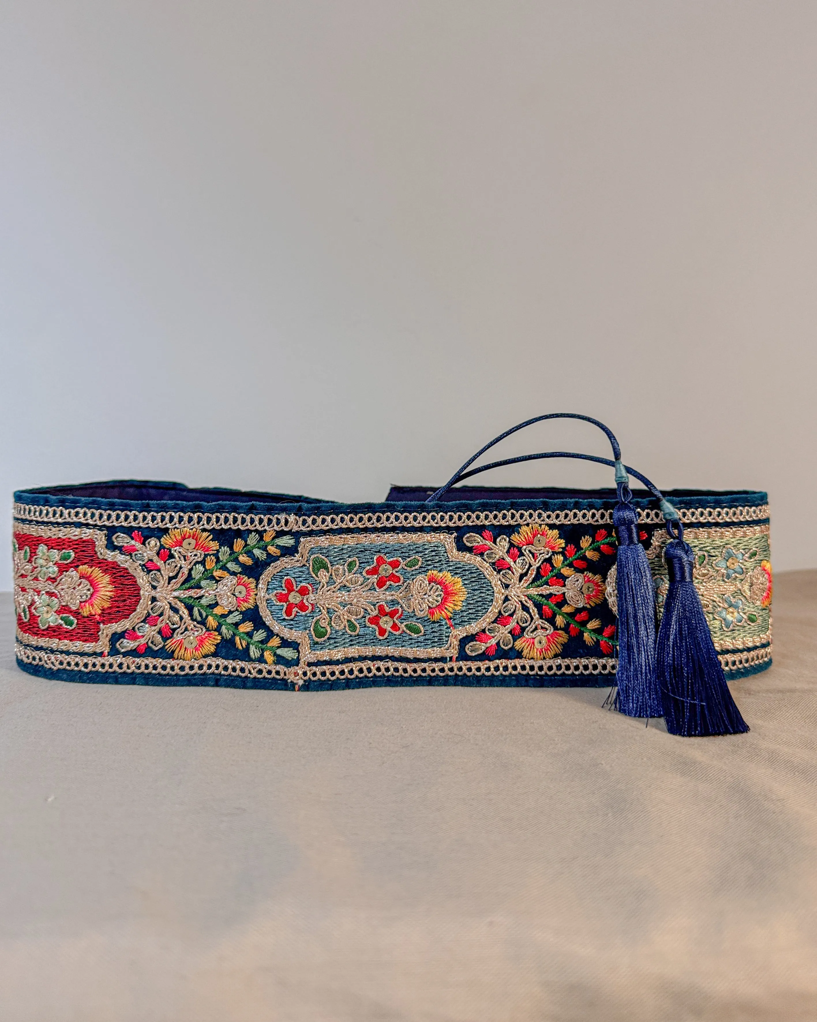 Velvelt petrol blue bohemian embroidered obi belt with tassels