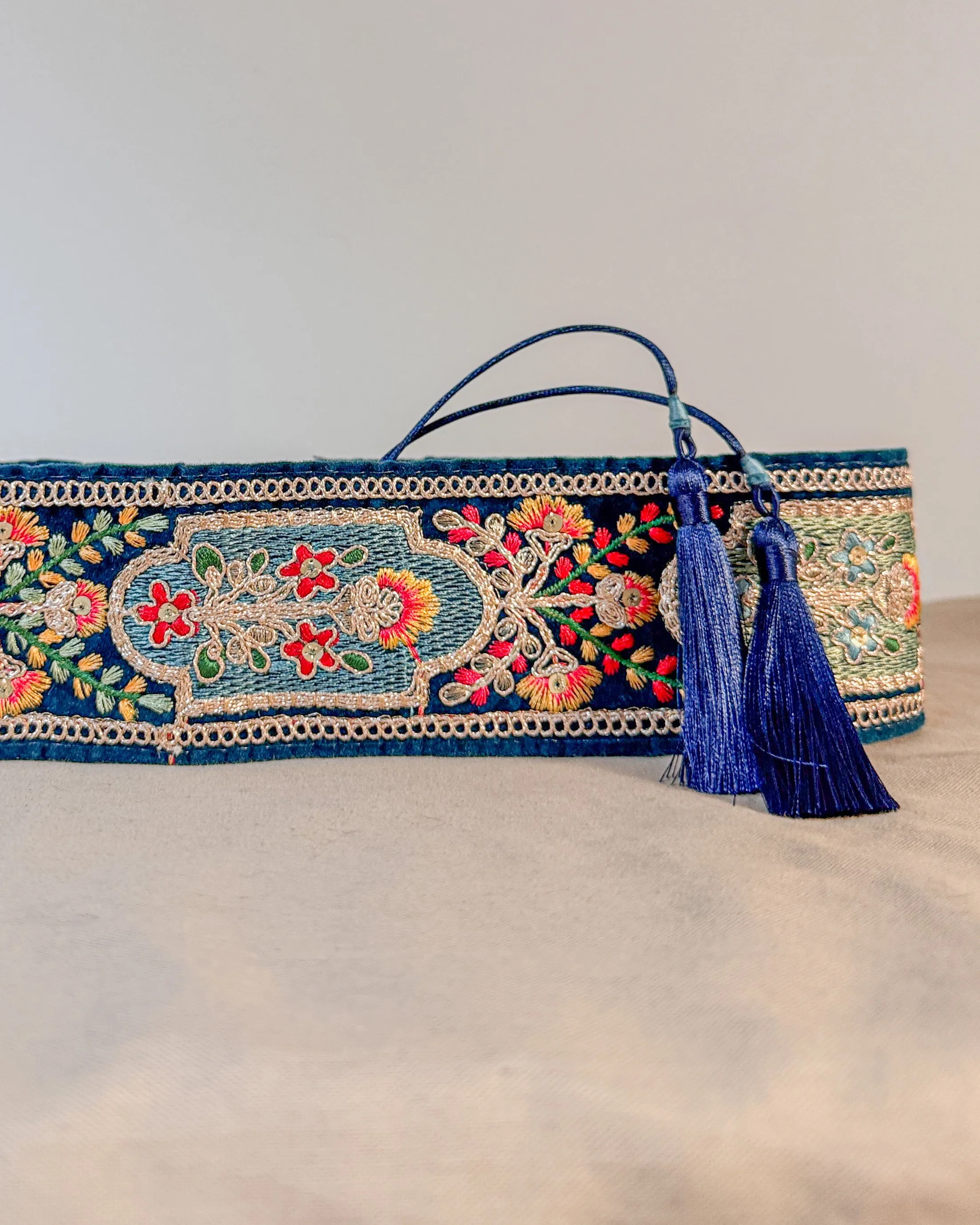 Velvelt petrol blue bohemian embroidered obi belt with tassels