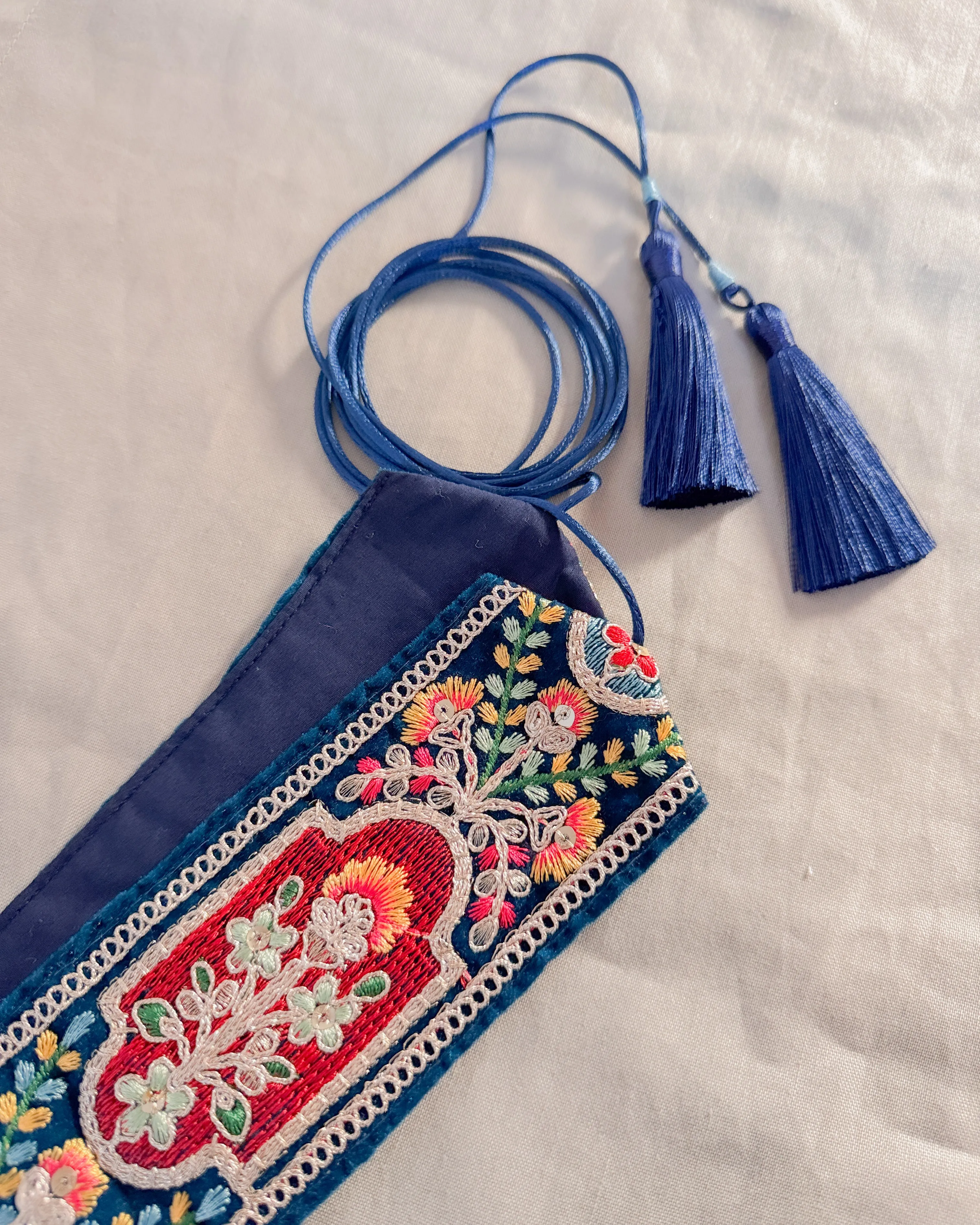 Velvelt petrol blue bohemian embroidered obi belt with tassels