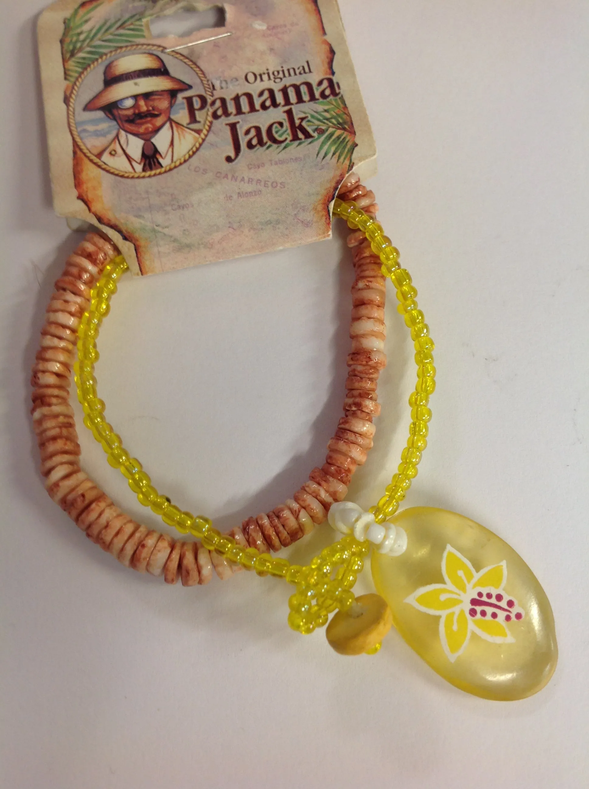 Vintage Authentic Panama Jack Duo Ankle Bracelets in Pink Stone and Yellow Beads with Tropical Orchid Pendant