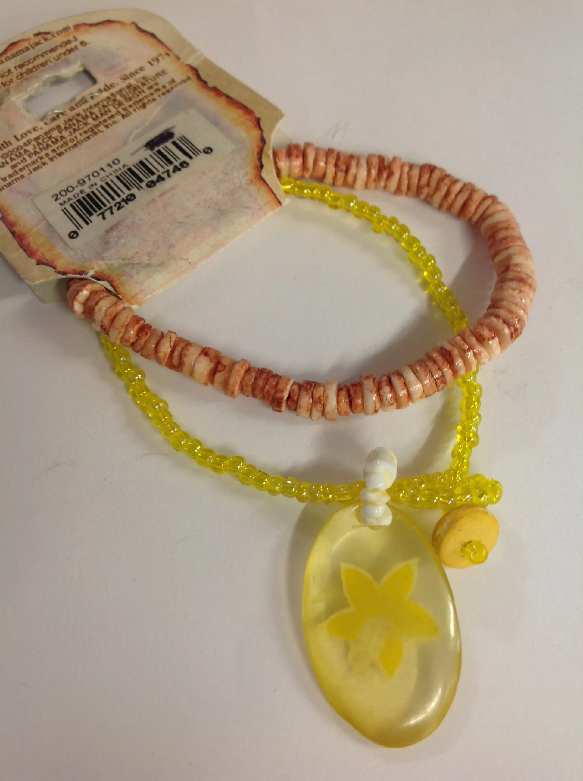 Vintage Authentic Panama Jack Duo Ankle Bracelets in Pink Stone and Yellow Beads with Tropical Orchid Pendant