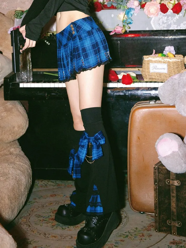 Y2K Navy Blue Plaid Bow Leg Warmers with Chain